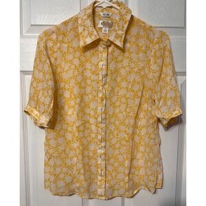 Talbots 100% Silk Floral Button Down Shirt Yellow White Short Sleeve Size 8